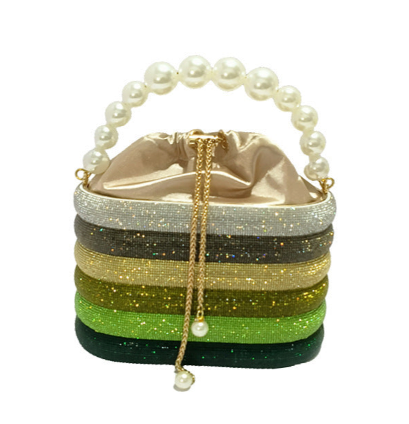 Sparkling Striped Rhinestone Evening Bag with Drawstring Closure and Fax Pearl Handle