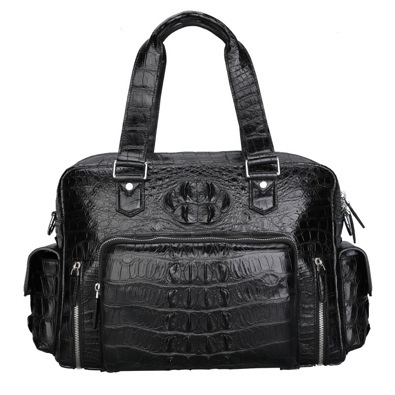 Black Multi-Pocket Leather Crocodile Texture Large Travel Bag