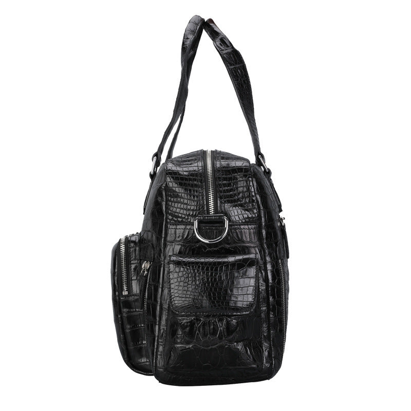 Black Multi-Pocket Leather Crocodile Texture Large Travel Bag