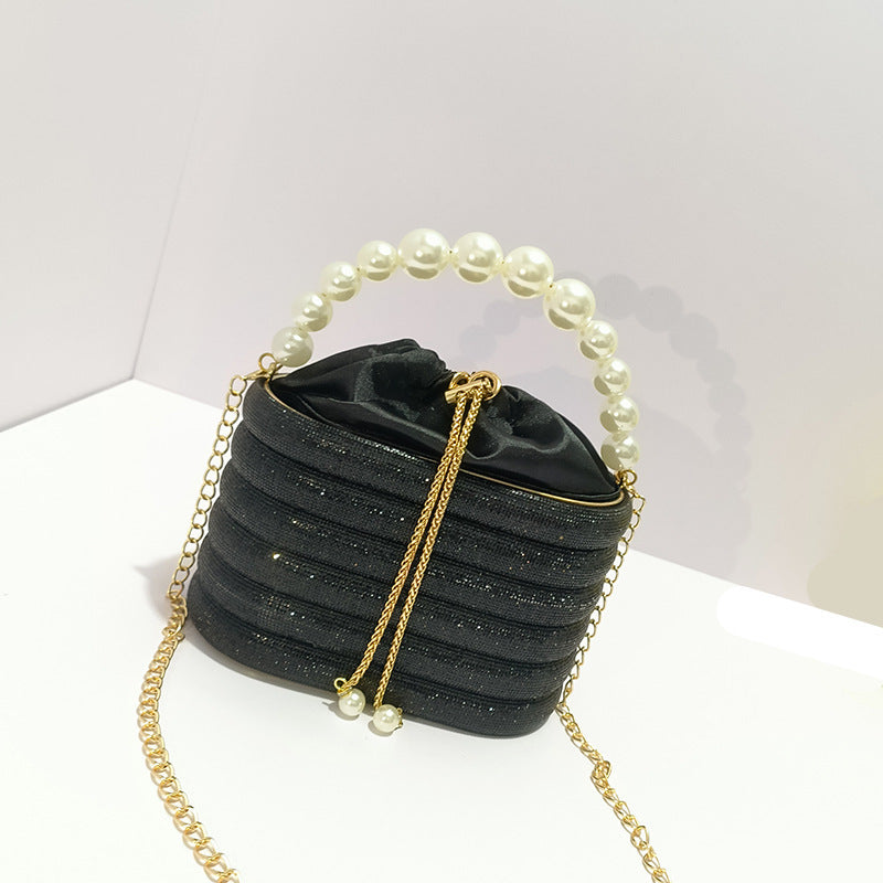 Sparkling Striped Rhinestone Evening Bag with Drawstring Closure and Fax Pearl Handle