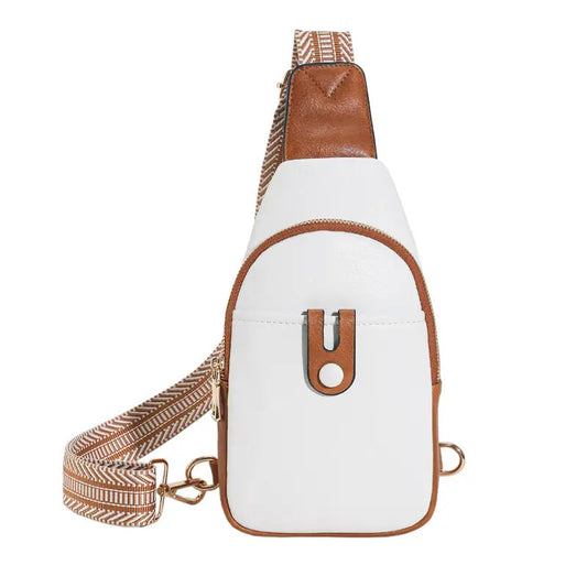 White Crossbody Sling Bag with Adjustable Beige Strap